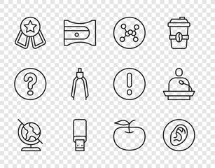 Set line Earth globe, listen sound signal, Chemical formula, USB flash drive, Medal with star, Drawing compass, Apple and Gives lecture icon. Vector