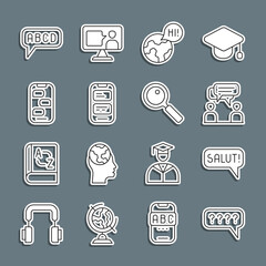 Set line Speech bubbles with Question, Two sitting men talking, Learning foreign, Online translator, New chat messages notification, Alphabet and Magnifying glass icon. Vector