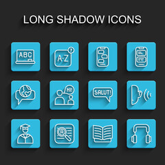 Set line Graduate and graduation cap, Translator, Chalkboard, Open book, Headphones, Two sitting men talking, Ear listen sound signal and Salut different languages icon. Vector