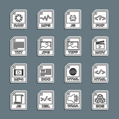 Set line 3DS file document, HTML, MOV, JS, JPG, TXT, RAW and TIFF icon. Vector