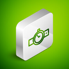 Isometric line Wrist watch icon isolated on green background. Wristwatch icon. Silver square button. Vector