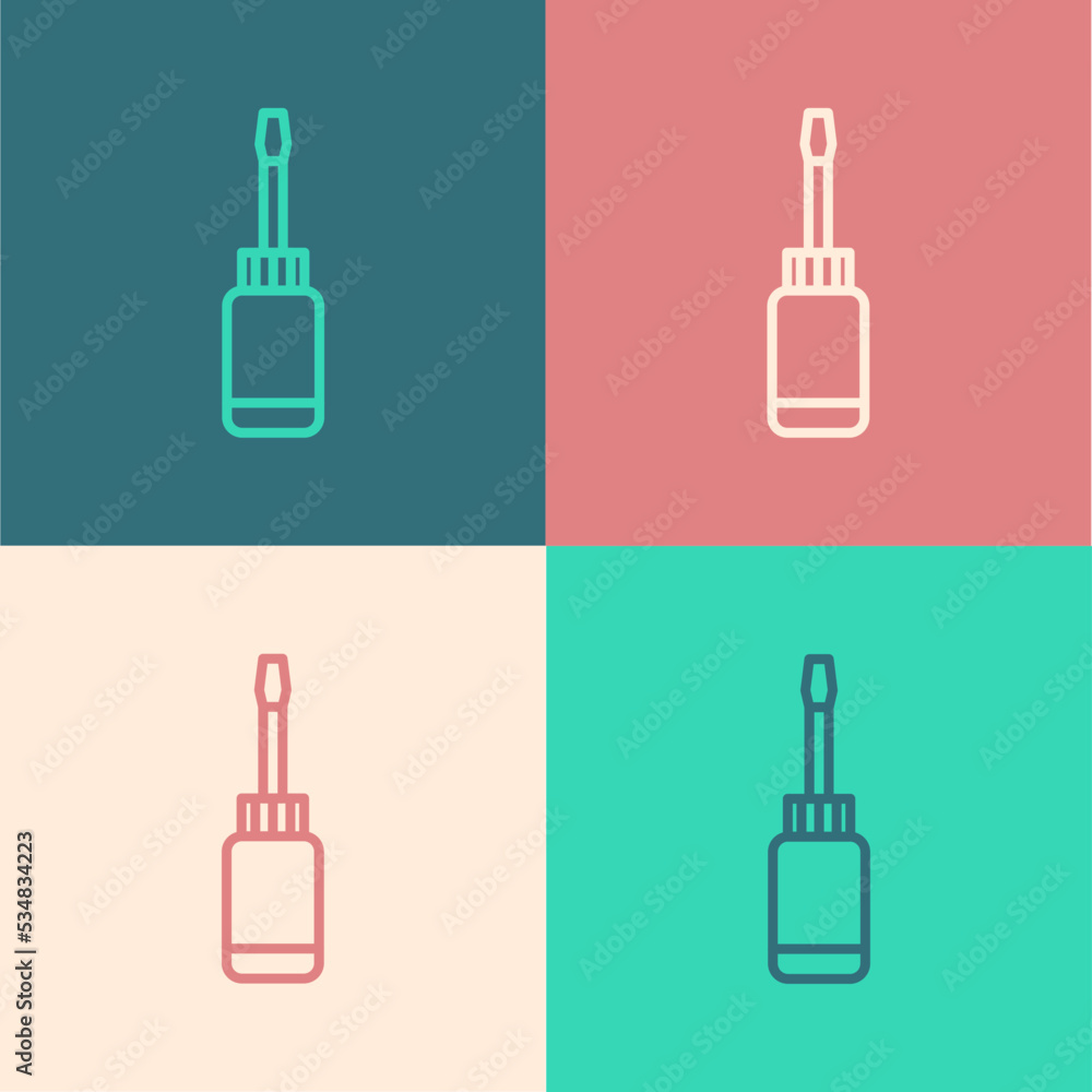 Poster Pop art line Screwdriver icon isolated on color background. Service tool symbol. Vector