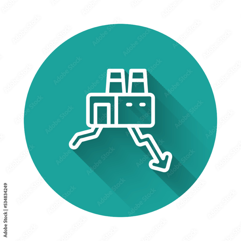 Poster white line shutdown of factory icon isolated with long shadow background. industrial building. green