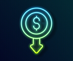 Glowing neon line Dollar rate decrease icon isolated on black background. Cost reduction. Money symbol with down arrow. Business lost crisis decrease. Vector