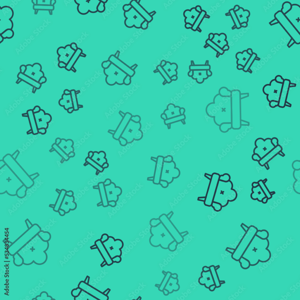 Poster black line sofa icon isolated seamless pattern on green background. vector