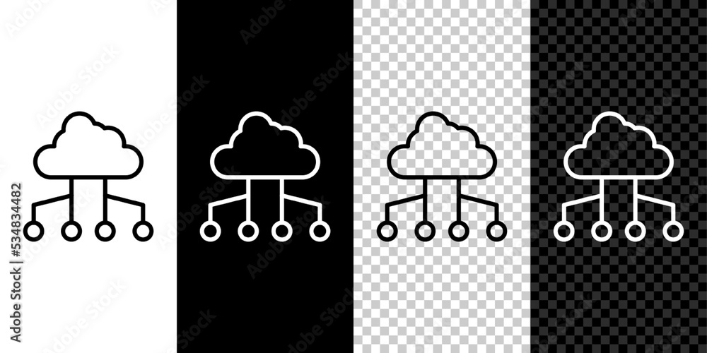 Poster set line network cloud connection icon isolated on black and white, transparent background. social t