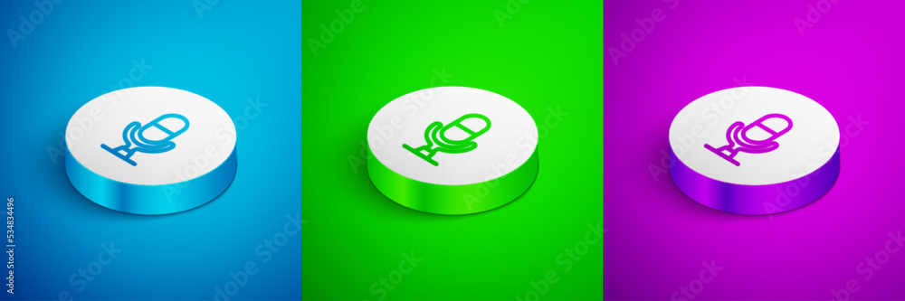 Poster isometric line microphone voice device icon isolated on blue, green and purple background. microphon