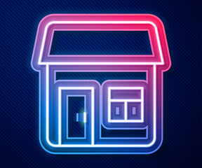 Glowing neon line House icon isolated on blue background. Home symbol. Vector