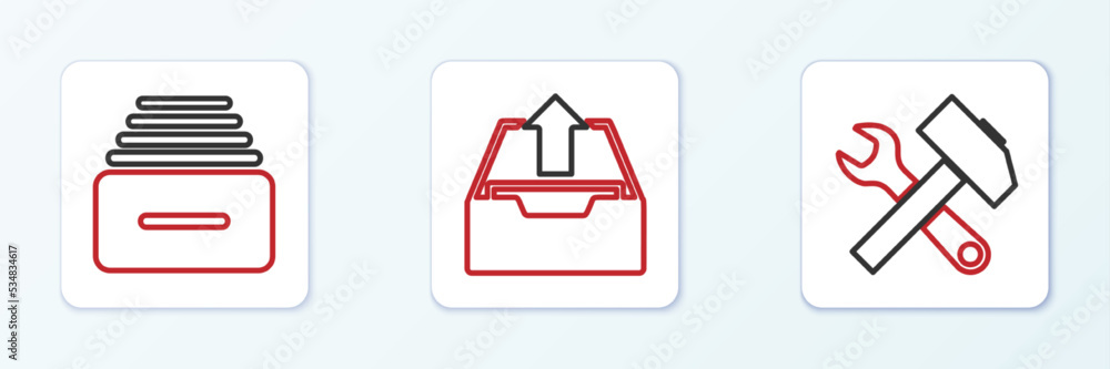 Poster set line crossed hammer and wrench, drawer with documents and upload inbox icon. vector