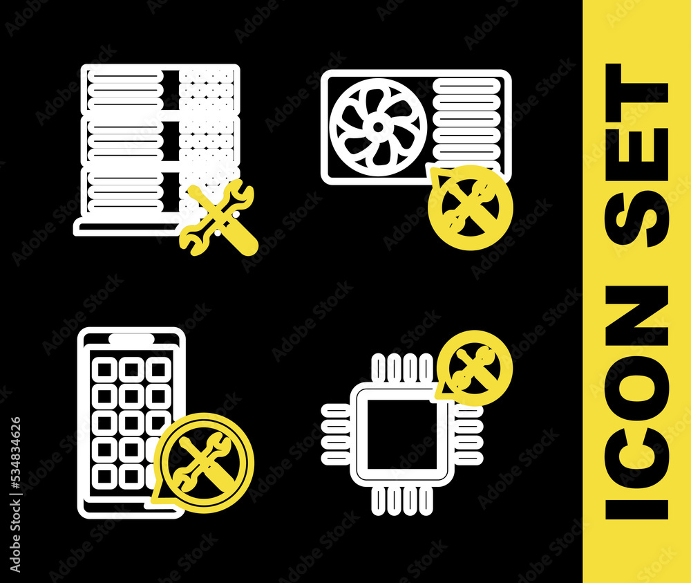 Poster set line air conditioner service, processor, mobile apps and database server icon. vector