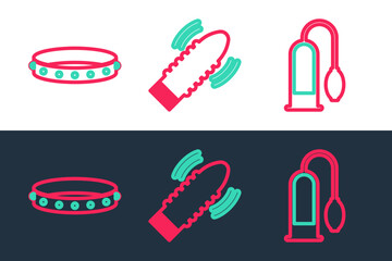 Set line Penis pump, Leather fetish collar and Dildo vibrator for sex games icon. Vector