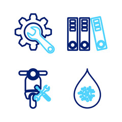 Set line Dirty water drop, Scooter service, Office folders and Wrench and gear icon. Vector