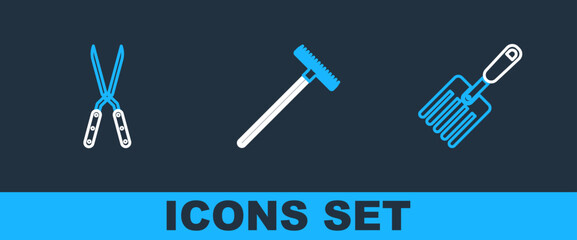 Set line Garden fork, Gardening handmade scissor and rake icon. Vector