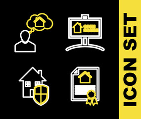 Set line Hanging sign with Open house, House contract, under protection and Man dreaming about buying icon. Vector