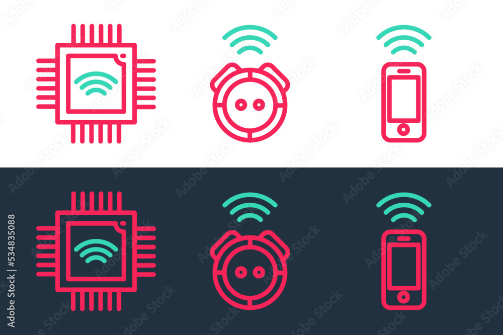 Poster set line wireless smartphone, processor with microcircuits cpu and robot vacuum cleaner icon. vector