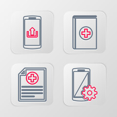 Set line Setting on smartphone, Clinical record, Medical book and Smartphone with upload icon. Vector
