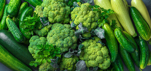 Ripe green vegetables. Healthy vegetarian food. Top view, close-up