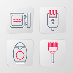 Set line Hairbrush, Bottle of shampoo, Electrical hair clipper or shaver and Barbershop icon. Vector