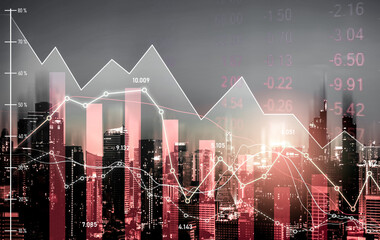 Economic crisis concept shown by digital indicators and graphs falling down with modernistic urban, city area. Double exposure. Stock market crash concept.