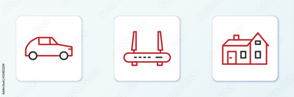 Sticker Set line House, Car and Router and wi-fi signal icon. Vector