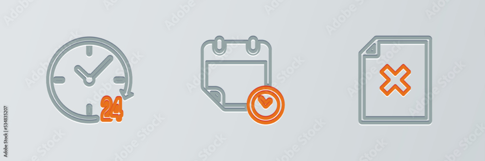 Poster set line delete file document, clock 24 hours and calendar and clock icon. vector