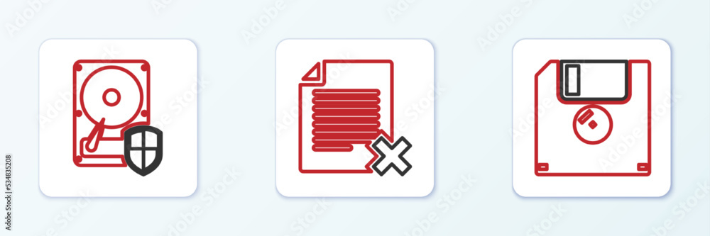 Poster set line floppy disk, hard drive hdd protection and delete file document icon. vector