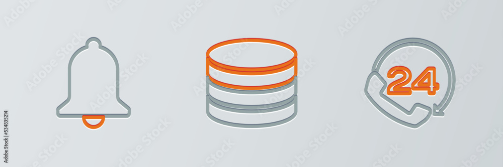 Aufkleber set line telephone 24 hours support, ringing bell and database icon. vector