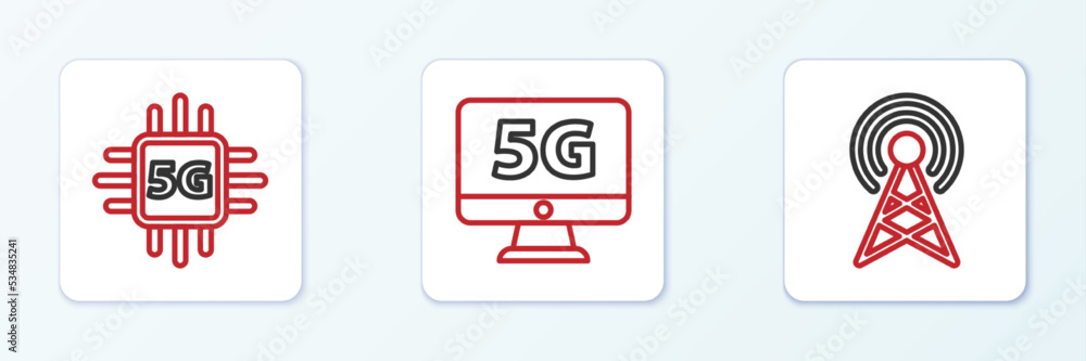 Poster set line antenna, processor 5g and monitor with network icon. vector