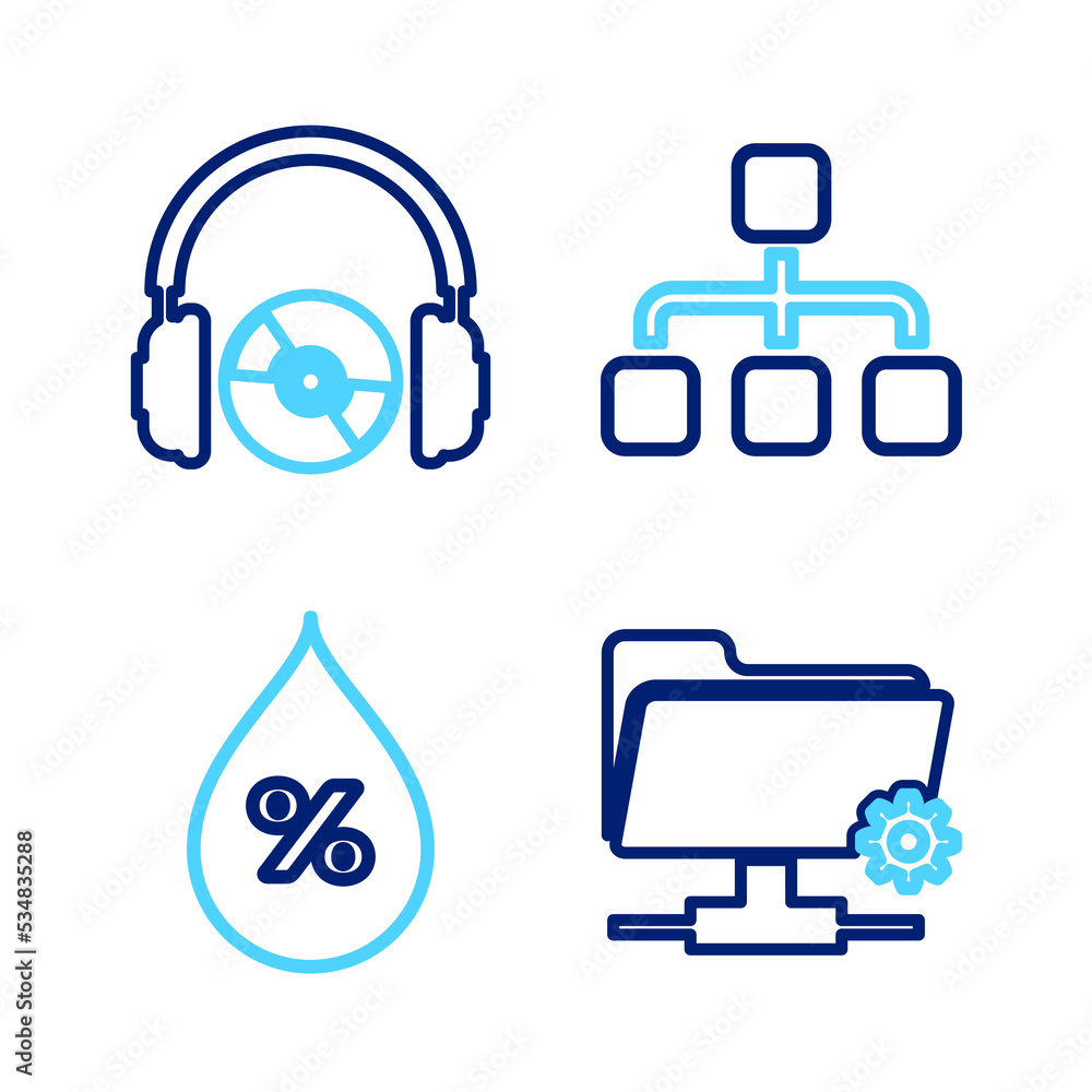 Poster set line ftp settings folder, water drop percentage, hierarchy organogram chart and headphones and c