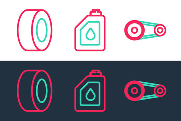 Set line Timing belt kit, Car tire and Canister for motor oil icon. Vector