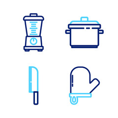 Set line Oven glove, Knife, Cooking pot and Blender icon. Vector