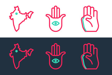 Set line Indian symbol hand, map and Hamsa icon. Vector