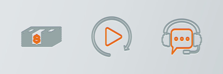 Set line Headphones with speech bubble, Paper money dollars cash and Video play button icon. Vector