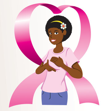 Illustration Of A Black Woman Groping Her Breasts Doing Self-examination Against Breast Cancer, Prevention And Diagnosis For Life. Ideal For Institutional And Educational Materials