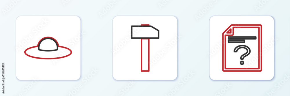 Aufkleber set line unknown document, ufo flying spaceship and hammer icon. vector