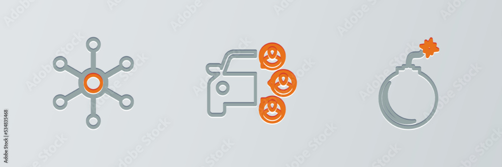 Poster set line bomb ready to explode, network and car sharing icon. vector
