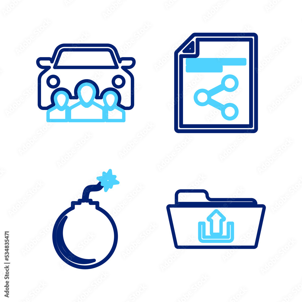 Poster set line folder upload, bomb ready to explode, share file and car sharing icon. vector