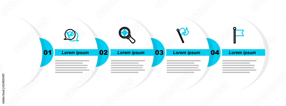 Aufkleber set line flag, target with magnifying glass and icon. vector