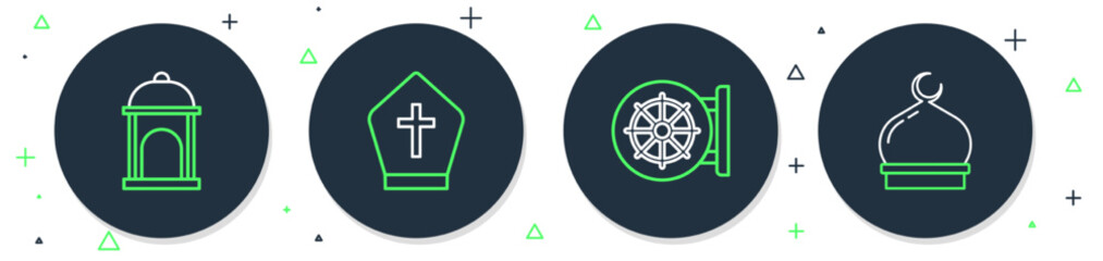 Set line Pope hat, Dharma wheel, Muslim Mosque and icon. Vector