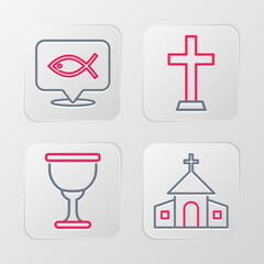 Fototapeta premium Set line Church building, Holy grail or chalice, Christian cross and fish icon. Vector