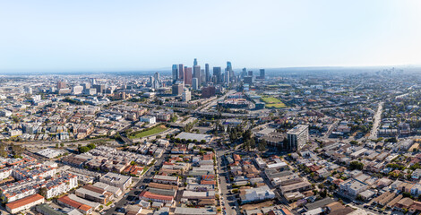 Aerial: scenic view of Los Angeles skyscrapers. Drone view