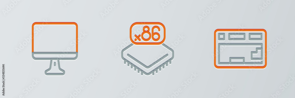 Poster set line keyboard, computer monitor screen and processor with microcircuits cpu icon. vector