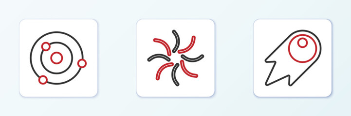 Set line Comet falling down fast, Solar system and Black hole icon. Vector