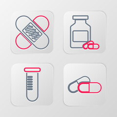 Set line Medicine pill or tablet, Test tube flask, bottle and pills and Crossed bandage plaster icon. Vector