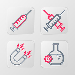 Fototapeta premium Set line Bioengineering, Magnet with lightning, Crossed syringe and Syringe icon. Vector