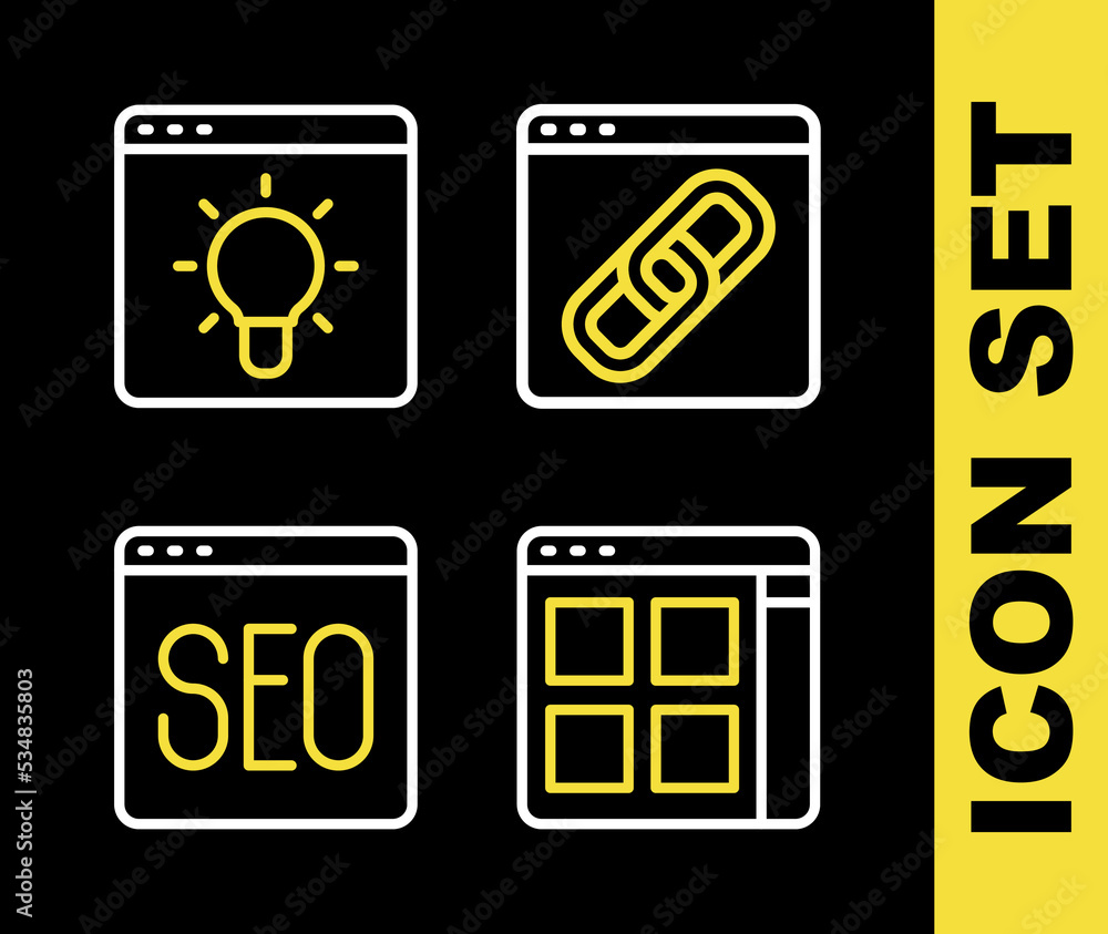 Poster set line browser window, files, seo optimization and icon. vector