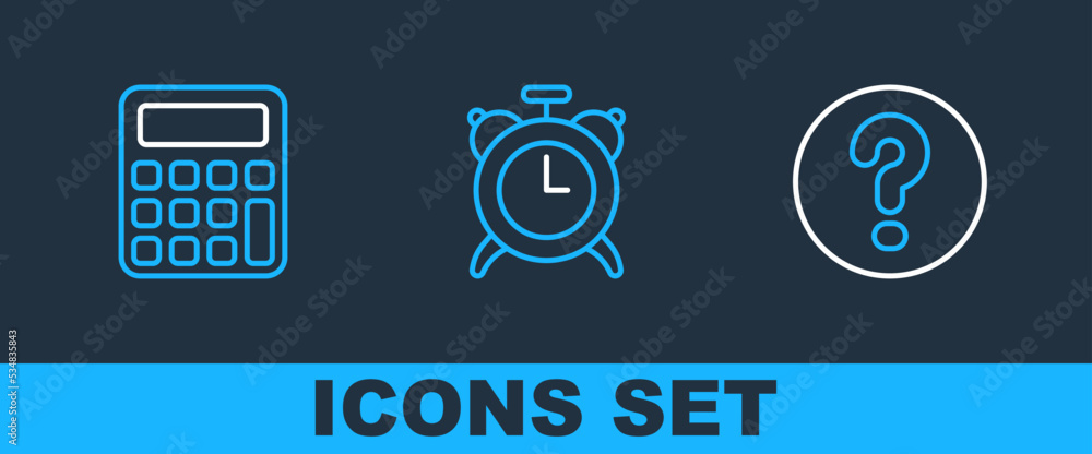 Poster set line speech bubbles with question, calculator and alarm clock icon. vector