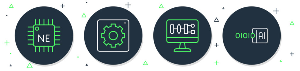 Set line Computer api interface, Algorithm, Processor CPU and Binary code icon. Vector