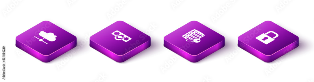 Poster set isometric network cloud connection, password protection, server security with key and lock icon.