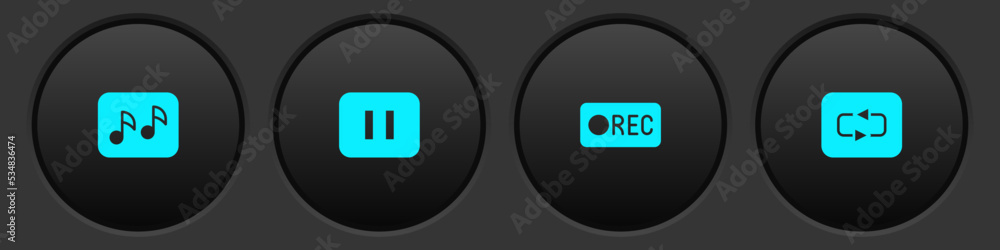 Poster set music note, tone, pause button, record and repeat icon. vector